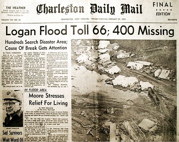 Feb 28, 1972. Headlines of the 'Charleston Daily Mail' of Charleston, WV reporting early death toll of 66 people killed during the Buffalo Creek flood disaster, the result of a giant “coal waste” wall of water from failed “gob” dams high in the hills upstream, also showing houses tossed about in the ravaged watershed. Actual death toll would be 125, nearly twice early reports.