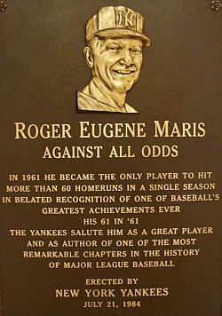 July 1984: Monument Park plaque in honor of Roger Maris's 61 home runs in 1961.
