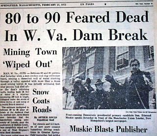 Feb 27, 1972.  Headlines from 'The Springfield Republican' of Massachusetts, report on the 'W.Va. Dam Break'.