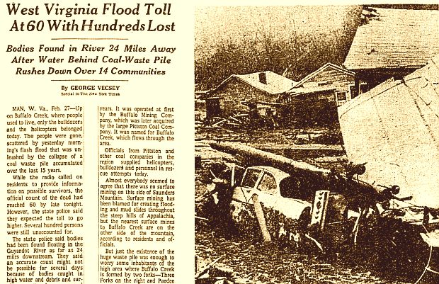 February 28, 1972. An early New York Times story filed from Man, West Virginia, implicated 'coal waste pile' in its reporting on the Buffalo Creek disaster, along with a photo of some of the local damage.