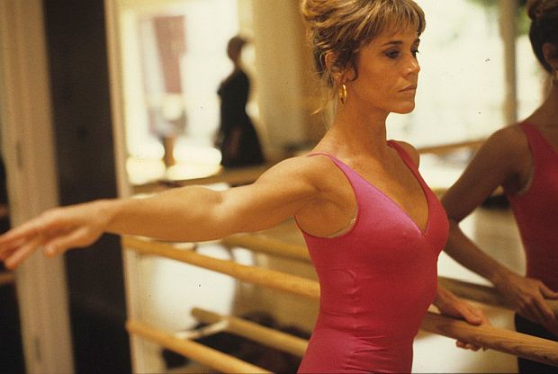 Jane Fonda, at the ballet bar, as photographed by Arthur Elgort for the 1979 Vogue magazine story, “Fitness – Fonda Style”. 
