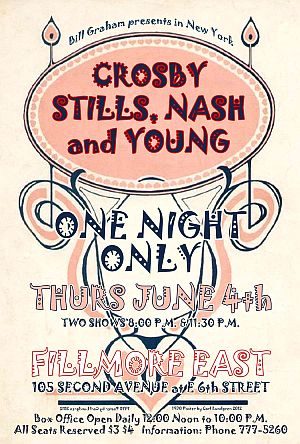 Afiche de un concierto de Crosby, Stills, Nash & Young en el Fillmore East de Nueva York, el 4 de junio de 1970.