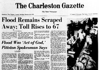 February 1972. The Charleston Gazette reporting on the rising death toll of the Buffalo Creek Disaster and Pittston’s PR office calling the disaster an “act of God”. 