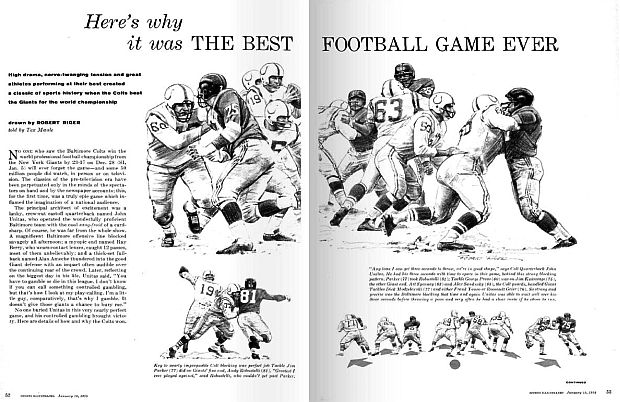 Sports Illustrated, January 19th, 1959, showing first two pages of a nine-page spread of diagrams, play calling, and analysis of the December 28, 1958 NFL championship game between NY Giants and Baltimore Colts. Click for magazine issue.