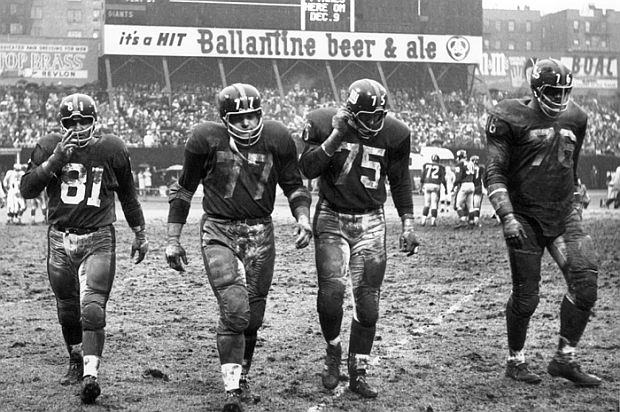 New York Times photo from November 1962: NY Giants defensive lineman, from left: Andy Robustelli, Dick Modzelewski, Jim Katcavage and Rosey Grier, were also key Giant players in 1958. Photo Dan Rubin.