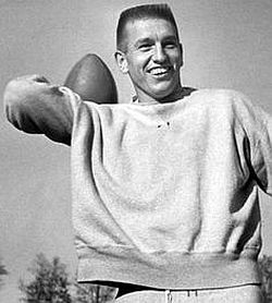 Colts QB, Johnny Unitas, at a 1950s practice session, about to throw a pass.