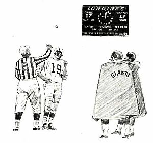 Sports Illustrated artist’s rendition of coin toss for “sudden death” period, showing Johnny Unitas for the Colts and co-captains for the Giants, Kyle Rote and Bill Svoboda.