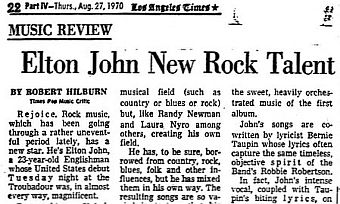 Robert Hilburn's review of Elton John’s opening show at the Troubadour, as it appeared, Los Angeles Times, Aug  27, 1970. 