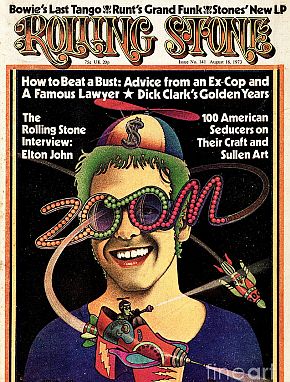 August 1973: Elton John featured on the cover of Rolling Stone with some of his decorative eyewear.