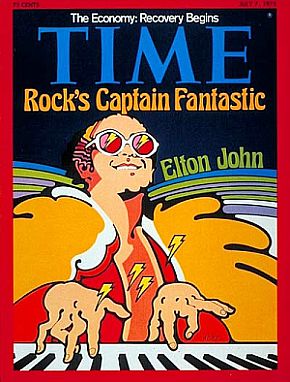 July 1975. Elton John on the cover of Time magazine -- "Rock's Captain Fantastic". Click for copy.
