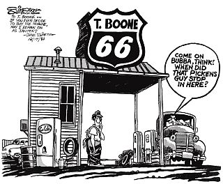 Cartoon poking fun at Pickens’ buyout bid for Phillips. Dave Simpson, Tulsa Tribune, December 1984.