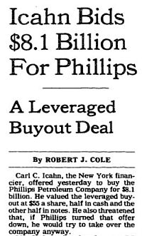 Feb 1985. New York Times headlines for story on the Icahn raid at Phillips.