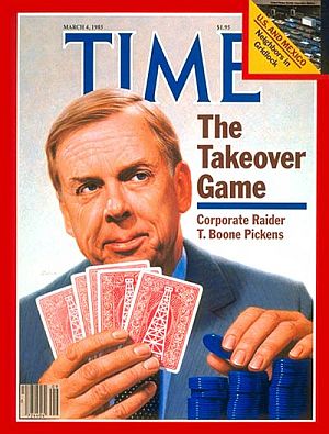 March 1985. T. Boone Pickens on the cover of Time magazine in feature story, “The Takeover Game.” Click for his book.