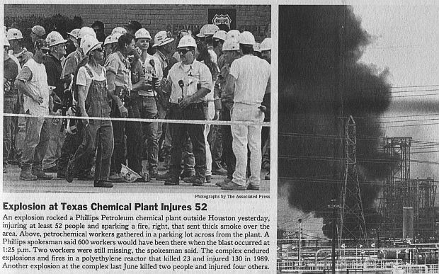 March 28, 2000. New York Times early reporting and photos of explosion and evacuated workers at Phillips Petroleum’s Houston chemical complex, where one worker was killed, and in later accounting, 71 others injured.