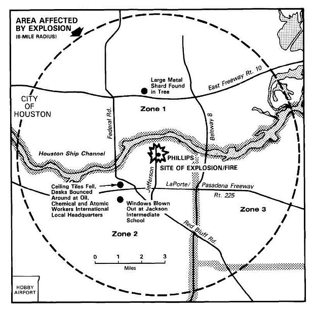 “Area Affected By Explosion” map shows a six-mile radius area around the site of the Phillips November 1989 explosion with some examples of building damage and debris that followed.