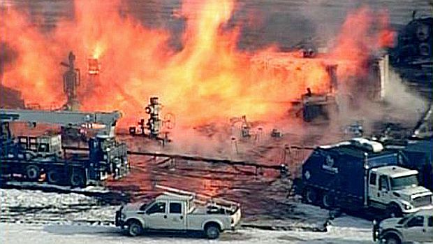 February 2014 fire at a Chevron-owned shale gas well operation in Greene County, PA, following explosion, 70 miles south of Pittsburgh.  Photo, KDKA-CBS TV News.