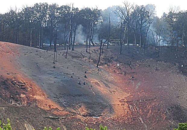 Pittsburgh Post-Gazette photo of charred acreage following the September 2018 explosion and fire from the Revolution Pipeline in Center Township, Beaver County, Pennsylvania.  Darrell Sapp/Pittsburgh Post-Gazette.