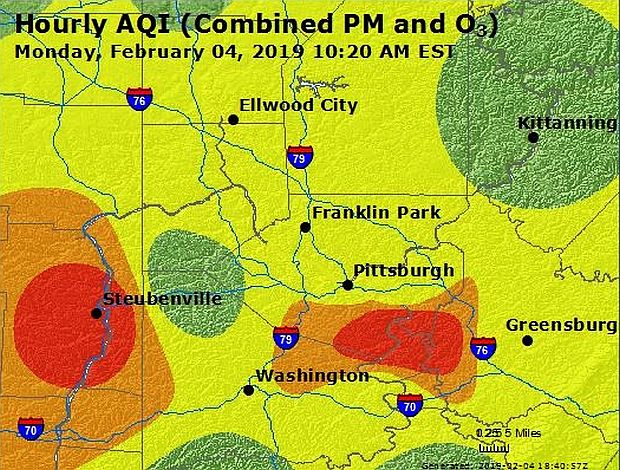 Map sample shows hourly air quality index (AQI ) in the Pittsburgh-Eastern Ohio area on February 4, 2019 at 10:20 a.m for a combined reading of particulate matter (pm 2.5) and ground-level ozone (O-3). Green is good, yellow moderate, orange unhealthy for sensitive groups, and red unhealthy generally. On this particular day there was an atmospheric inversion, which tends to have a “lid” or trapping effect on regional pollution.