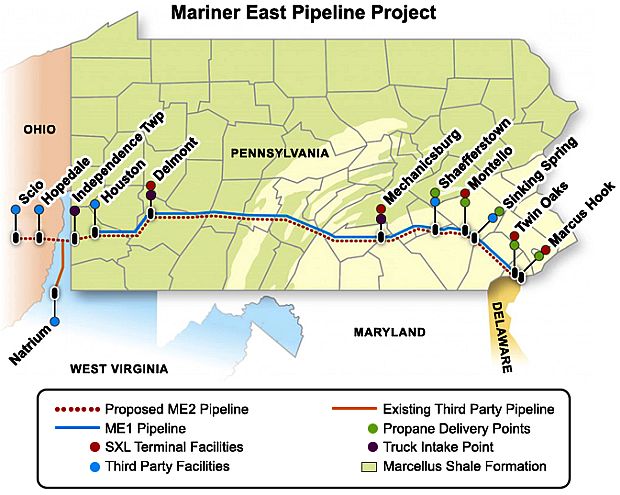 Map of route that 3 Mariner East pipelines follow from the Utica-Marcellus shale fracking fields in Western PA-Eastern Ohio-West Virginia, transporting natural gas liquids to Marcus Hook, PA for processing & export. 