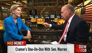 2018. Senator Warren being interviewed by "Mad Money" host, Jim Cramer on Wall Street.