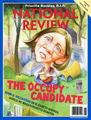 April 2012. Conservative National Review magazine features U.S. Senate hopeful Elizabeth Warren as the “occupy candidate” re Wall Street protests at the time.