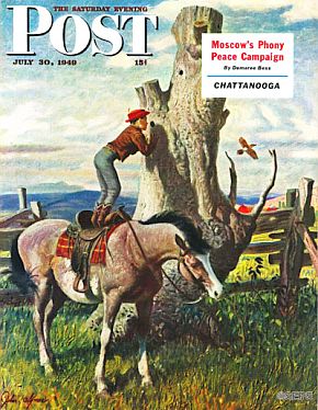 July 30, 1949 cover, “Boy on a Horse,” the idea for which came to Clymer after seeing his son inspecting a hole in a tree stump looking for flicker nests.