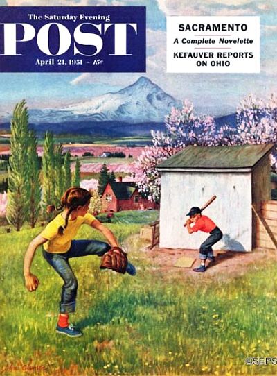 April 21, 1951, Saturday Evening Post, John Clymer cover, “Oregon Baseball” – the girl is pitching.  Click for canvas wall art. 