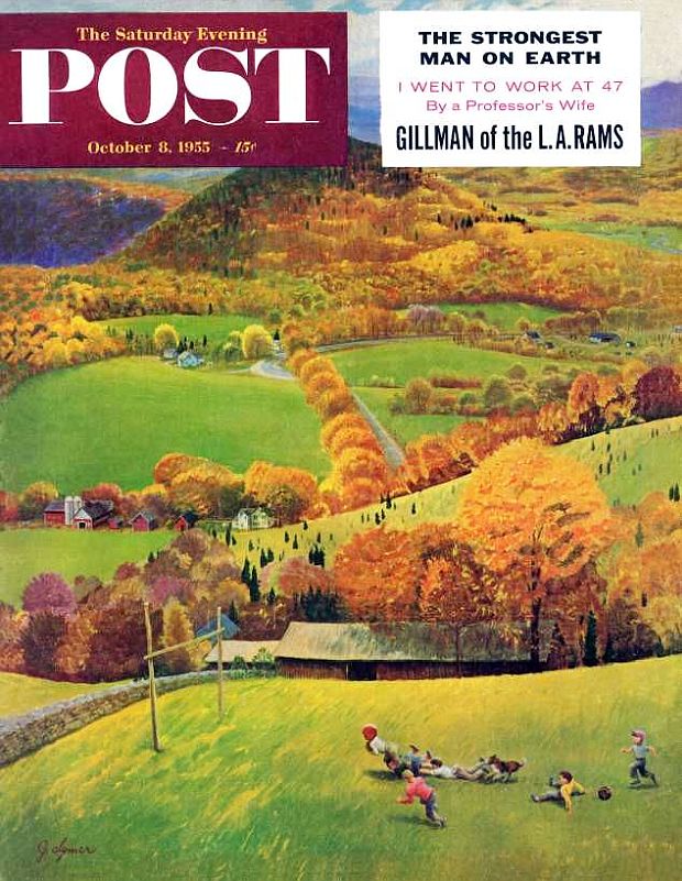 October 8, 1955. “Football in the Country.” Another of John Clymer's expansive, colorful landscapes at fall, with boy footballers seemingly oblivious to the grandeur all around them.