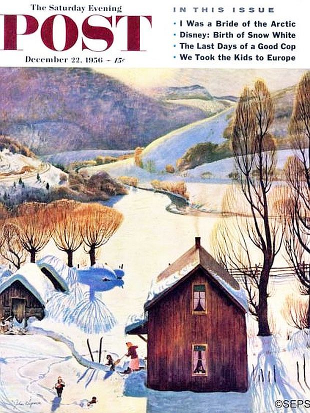 December 22, 1956.  John Clymer, in this Saturday Evening Post cover, titled “Snow on The Farm,” has captured a snowy, wintry scene that has the feel of a fading, late afternoon December sun, which is directly ahead behind the mountain, casting long shadows from the trees and farmhouse, as “Mom” appears to be brooming off one of the youngsters. 