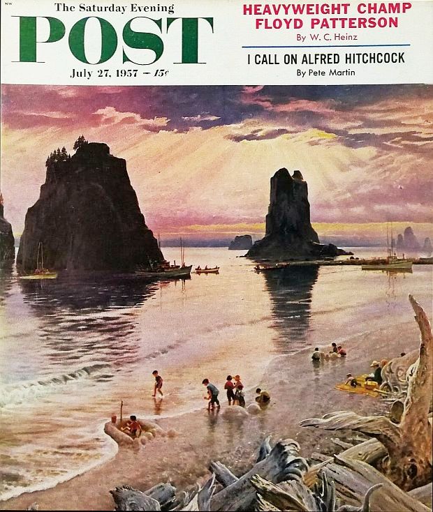 July 27, 1957. “Pacific Ocean Sunset,” one of John Clymer’s most dramatic covers set along the coastline of Northwest Washington near the town of La Push. Offshore rocky island spires there, some rising 200 feet or more, give a unique and dramatic character to the scene that Clymer renders here, capturing a special light at sunset with returning fishing boats and various beach visitors. Some of the offshore formations – rising like rocky cathedrals – are regarded as sacred by the indigenous Quileute people. Today, this coastal area is protected as part of the Olympic Wilderness system.