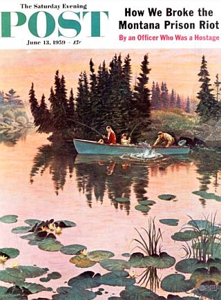 June 13, 1959. John Clymer’s cover of a family fishing on a scenic, quiet lake, titled, “ A Fine Catch..” Click for copy.