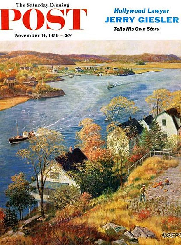 November 14, 1959, Saturday Evening Post cover, “Gloucester Harbor,” by John Clymer depicts a colorful autumn scene at Gloucester, Massachusetts, with harbor, wetlands and some surrounding hills in view, as fishing boats move over the water and a harbor-side resident works at his garden. Click for copy.