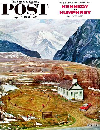 April 2, 1960. John Clymer’s subject here is “Recess at Pine Creek,” a one-room schoolhouse near Yellowstone National Park he had passed many times, but when painting the scene, he turned the schoolyard around so the Absaroaka Mountains would be the backdrop.