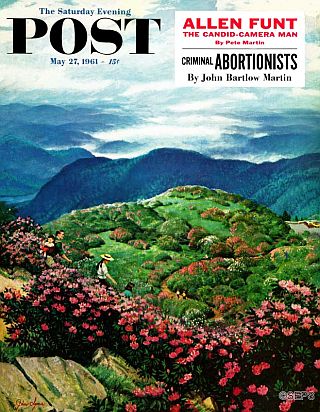 May 27, 1961. John Clymer’s cover highlights Catawba rhododendron at Craggy Gardens along Blue Ridge Parkway near Asheville, NC. Clymer shows trail to Craggy Pinnacle and noted at the time that “sections of the trail wind through ten-foot-high rhododendrons...” Click for copy.