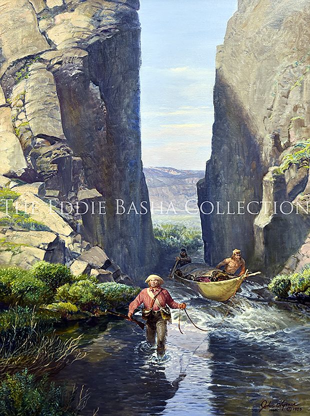 “Devil's Gate: Fitzpatrick 1824,” painted by John Clymer in 1986, shows fur trappers Thomas Fitzpatrick and companions after a winter of trapping in Montana and Idaho passing through a notch in the hills called Devil’s Gate in an attempt to float their wares down a series of rivers to St. Louis, only to be stymied by shallow water later. Click for The Eddie Basha Collection.