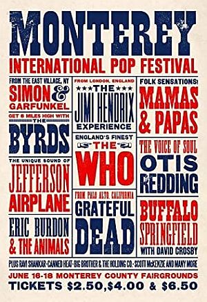 Later-developed product poster showing names of various acts who played at Monterey Festival. Click for copy.