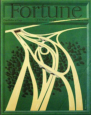 June 1938 cover of Fortune magazine featuring a rendering titled “Highways”  by illustrator, Hans Barschel. Click for magazine.