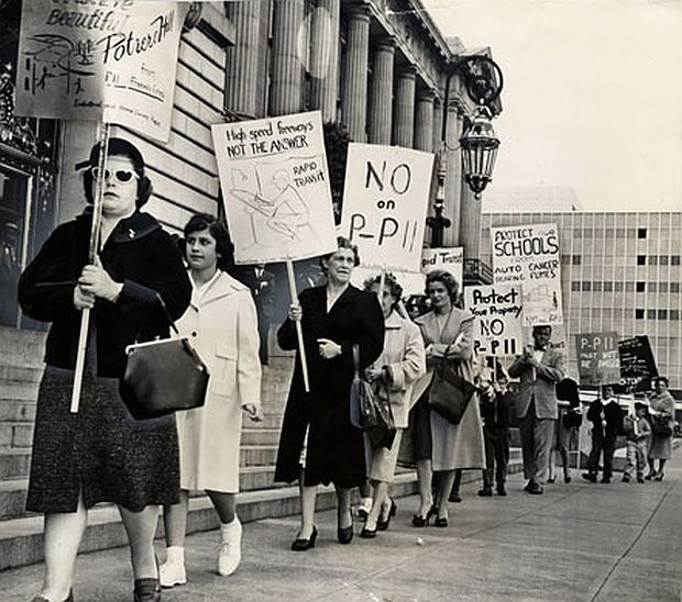 Picketers at San Francisco City Hall, April 18, 1961 protesting against the Potrero Hill freeway segment (a segment also known as “P-11," the Southern Freeway, and I-280) connecting to the Embarcadero Freeway. San Francisco Public Library.