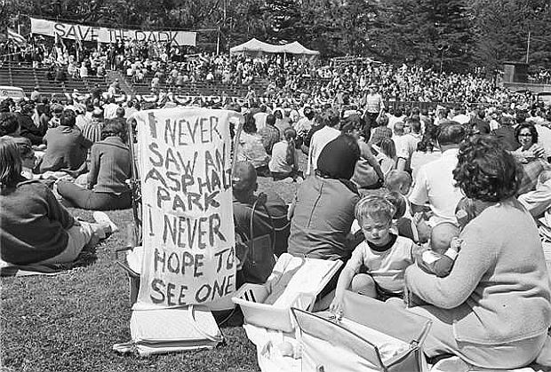 May 17, 1964. Photo of crowd at rally in Golden Gate park to fight the freeways. Folk singer, Malvina Reynolds, famous for her 1962 song, “Little Boxes,” recorded by Pete Seeger and others, wrote and sang an anti-freeway song for the rally titled, “The Cement Octopus.” 