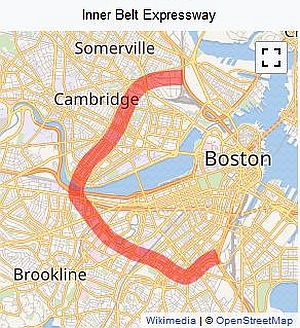 A Wikipedia map of the proposed Inner Belt Expressway of Boston, MA in the 1960s, which would have been designated Interstate 695 had it been built.