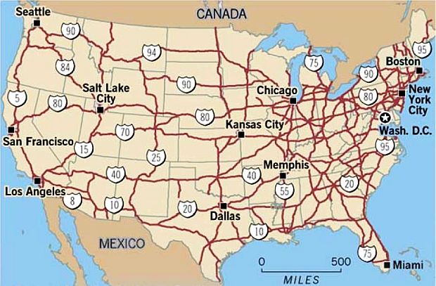 Map showing the Interstate Highway system as of 2006, fifty years after its authorizing legislation – at 46, 837 miles. This map gives a broad overview of the system, and does not provide detail on segments running through or around metro areas, or segments that were blocked, abandoned, or otherwise not completed.