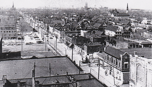 Mid-1950 photo showing the Hastings Street area of Detroit, MI, (looking north and east ) which was then an active small business strip that catered almost exclusively to the African American community, also a center for Detroit blues and R&B (photo, Walter P. Reuther Library, Wayne State University). 