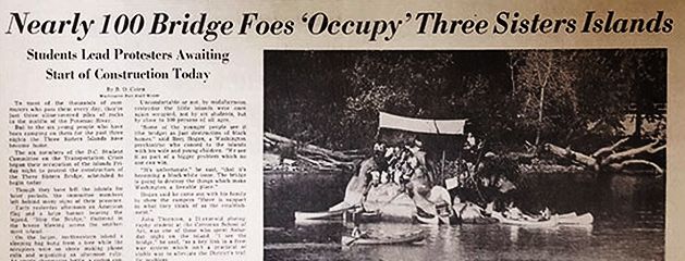 October 13, 1969 story from The Washington Post, front page of the "City Life" section, reporting on college students' Three Sisters Bridge protest, with an occupation of one or more of the Three Sisters Islands in the middle of the Potomac River.
