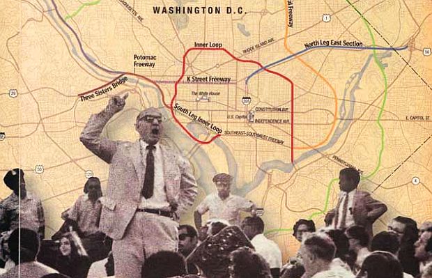Portion of illustration with highway map background used in Nov. 2000 Washington Post magazine story on DC freeway history by  Bob & Jane Levey, showing DC meeting with Sammie Abbott (standing at left) and others. 