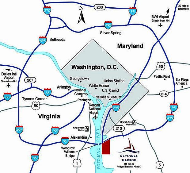 General reference map of major highways that now exist in the Washington, DC metro area, with the state of VA to the left of the Potomac River, and the state of MD to the right. Some of the major interstates in the region, such as I-95 from the Maryland side, and I-66 from the VA side, were once planned to enter D.C.