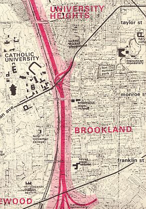 1970: Portion of “Freeway Cancer Hits DC” poster showing highway segment & neighborhood detail.
