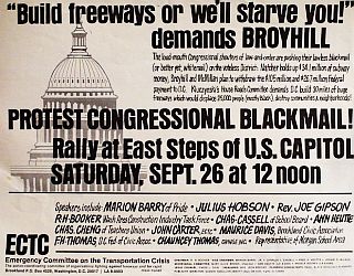 1969. Sample protest flyer and “call-to-Capitol-rally” offered by black activist members of ECTC protesting the “build-freeways-Congressional-blackmail” move by Rep. Natcher and others.
