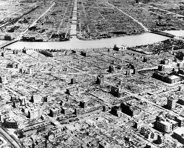One photograph of devastated Tokyo, Japan following the U.S. March 9-10, 1945 firebombing raid by B-29s, showing, in part, an industrial area along the Sumida River. Some 16 square miles of the city were razed by incendiary and other strikes. AP photo.