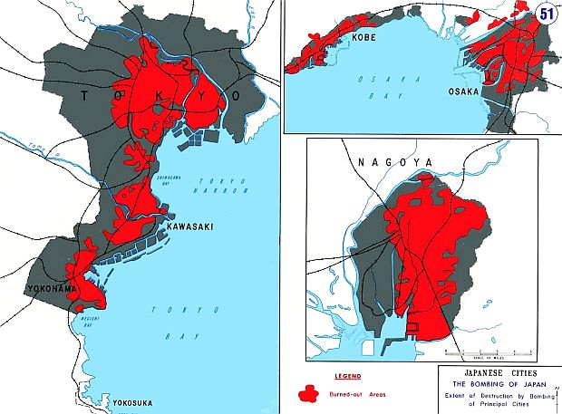 Maps showing, in red, the proportion of key Japanese cities that were burnt out by the U.S. firebombings. At left, the damage in 3 cities on Tokyo Bay is shown: Tokyo, Kawasaki and Yokohama. On the maps at right, two cities on Osaka Bay are shown at top, Kobe and Osaka, and at lower right, the burnt-out area of Nagoya. Wikipedia.org. 