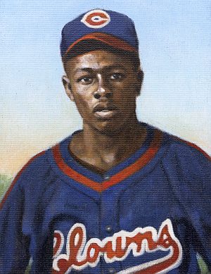 Artist rendition of Hank Aaron in 1952 when he played briefly with the Indianapolis Clowns of the professional American Negro League, by Graig Kreindler (2017). 